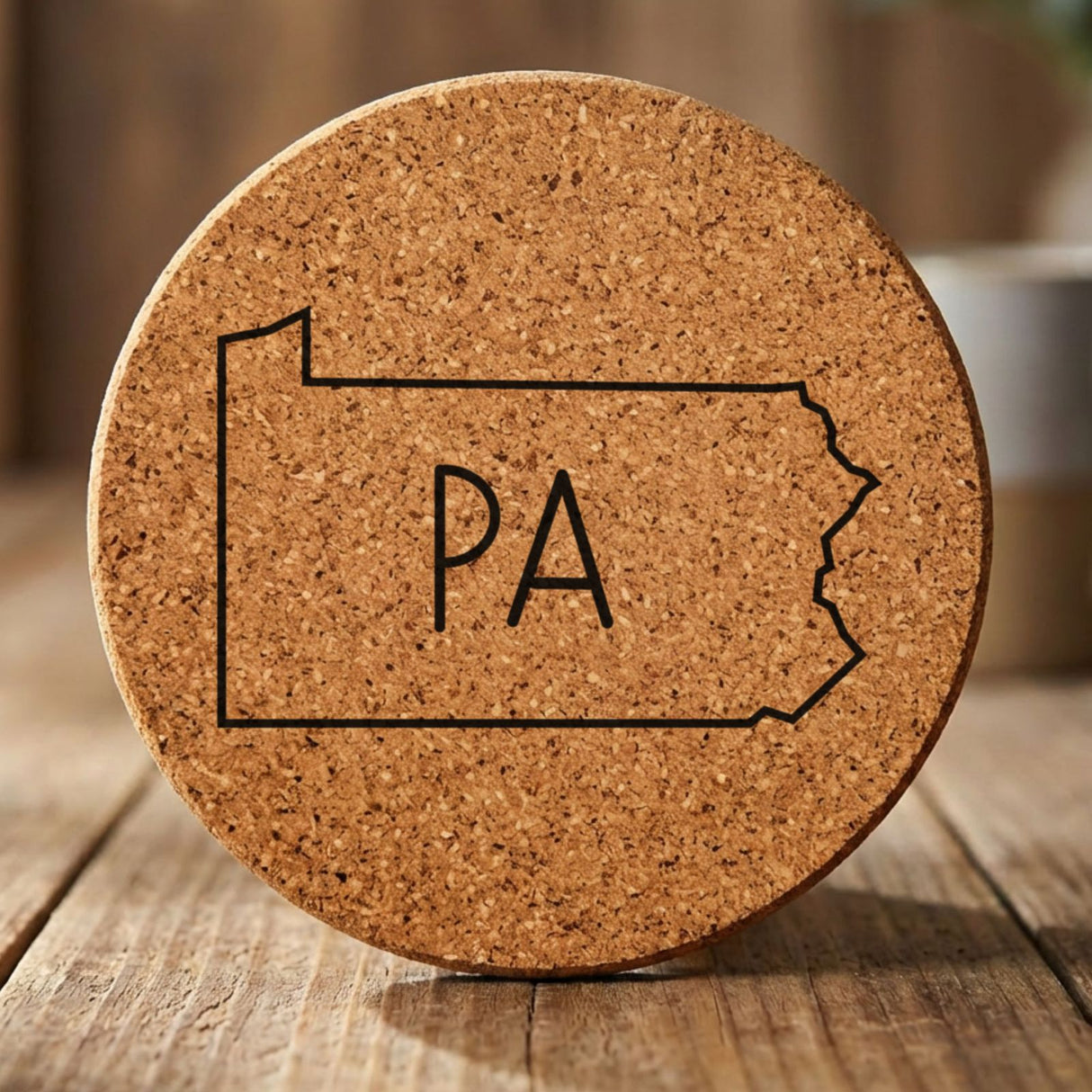 Pennsylvania round cork coaster engraved with the state outline and PA initials