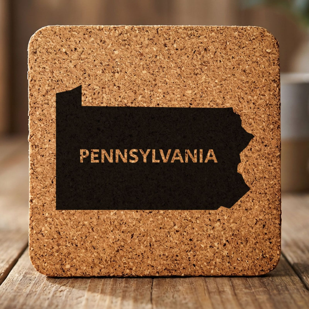Pennsylvania square cork coaster engraved with the state shape and PENNSYLVANIA in bold lettering