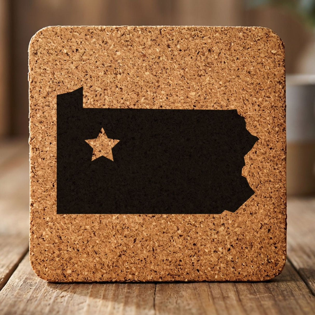 Pennsylvania square cork coaster engraved with the state shape and a star