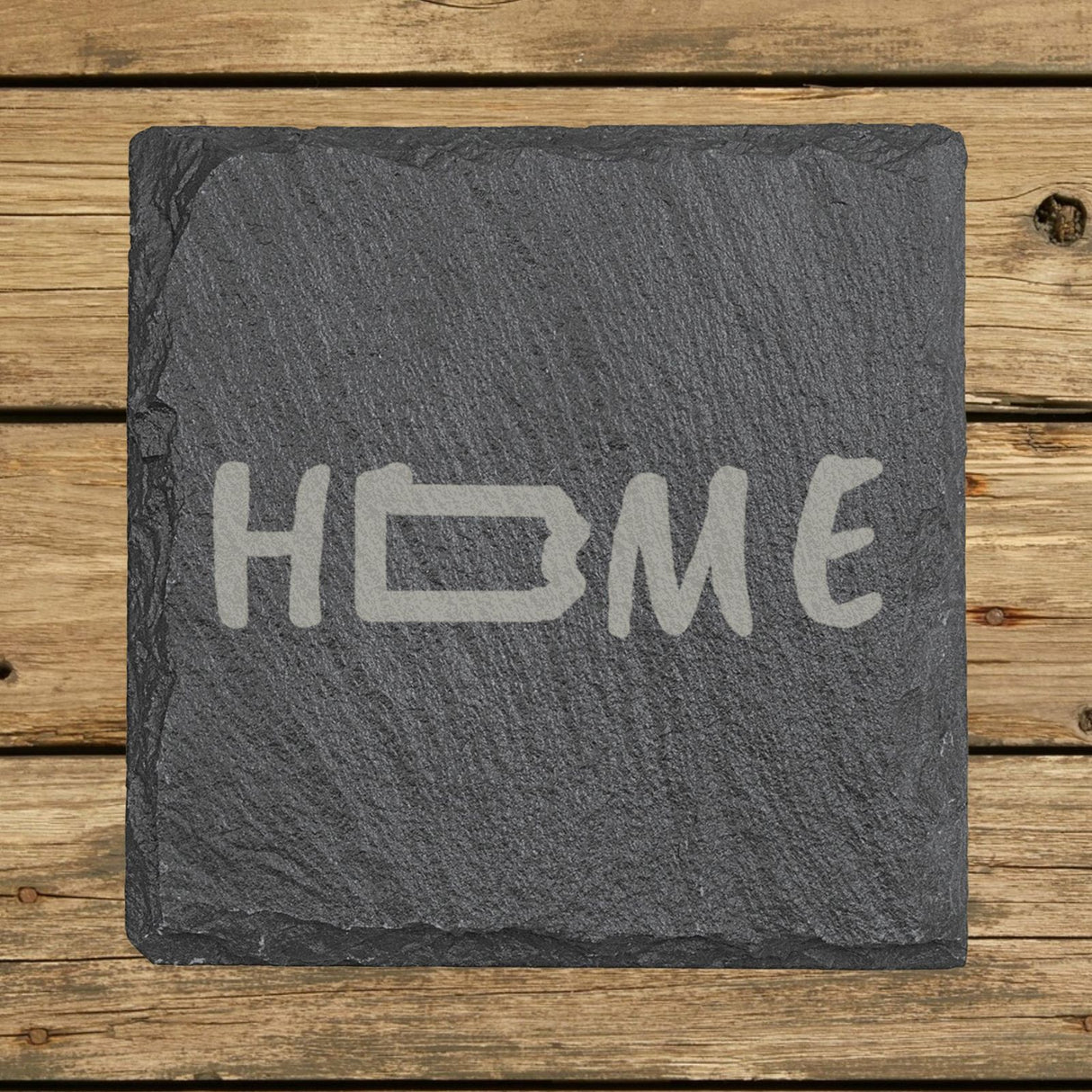 Pennsylvania square slate coaster engraved with HOME using the state outline as the letter O