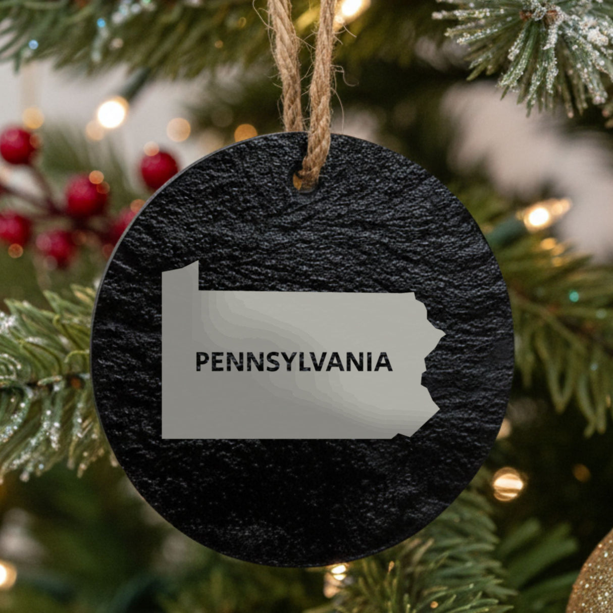 Pennsylvania round slate Christmas ornament engraved with the state shape and PENNSYLVANIA in bold lettering