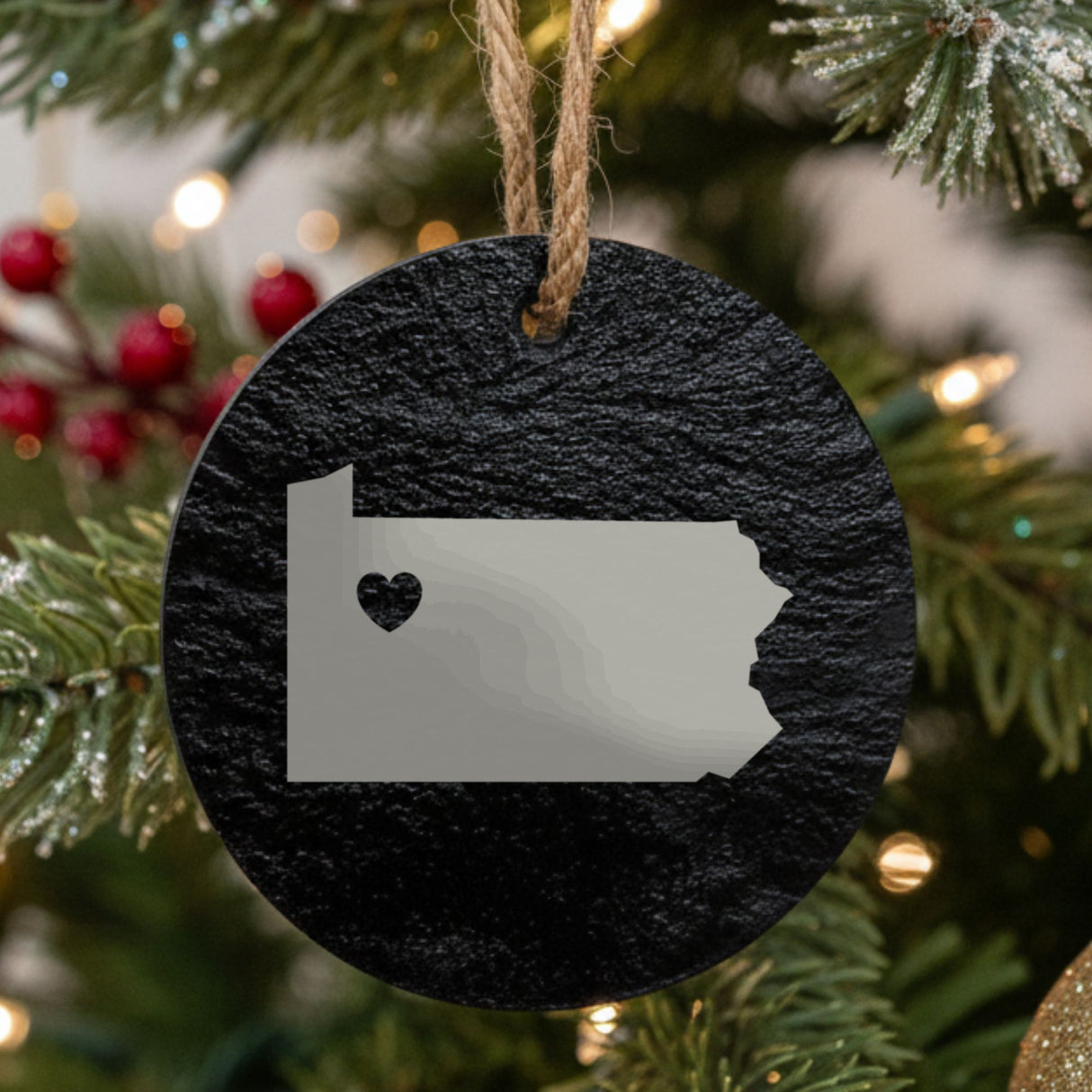 Pennsylvania round slate Christmas ornament engraved with the state shape and a heart