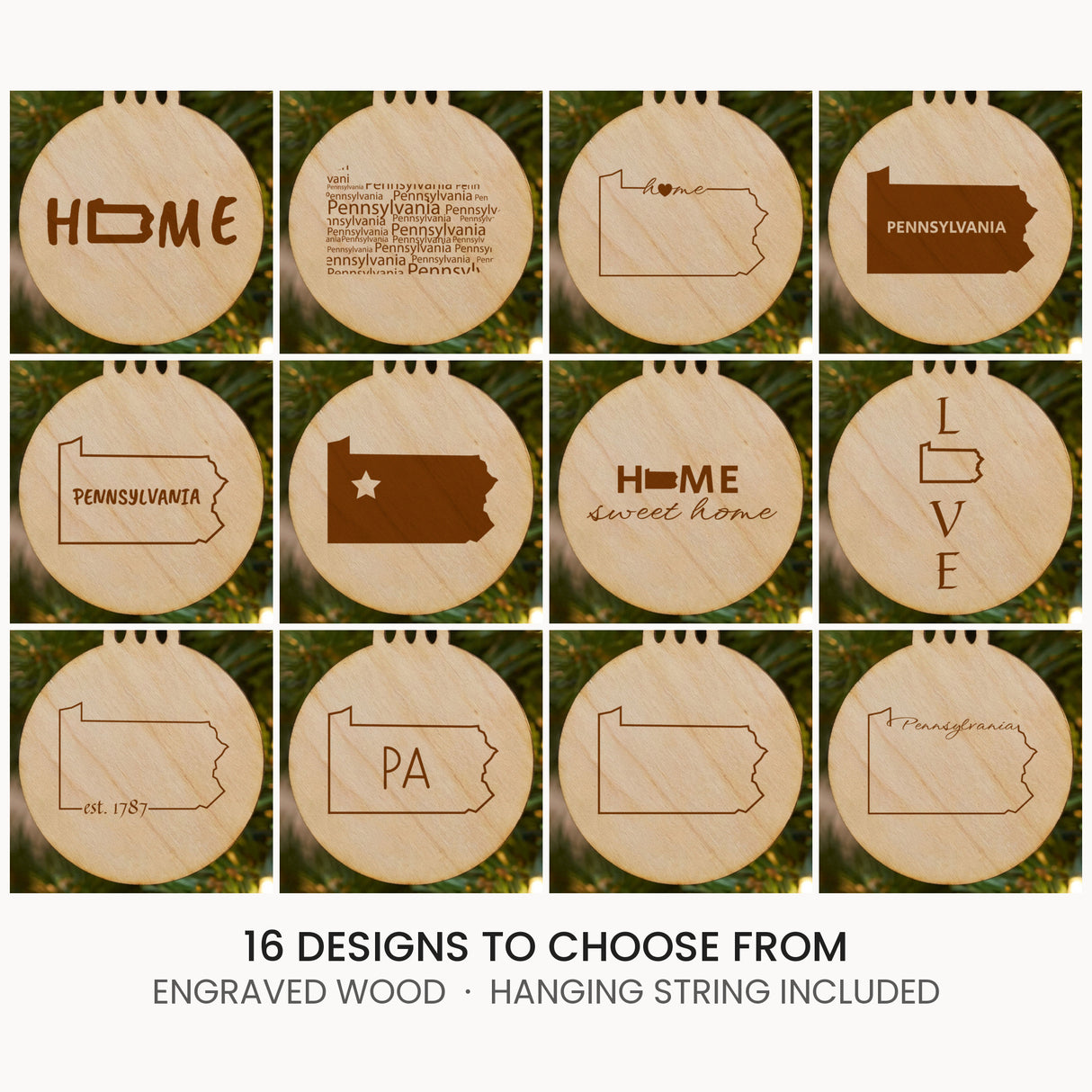 Pennsylvania wood Christmas ornament, laser engraved natural wood