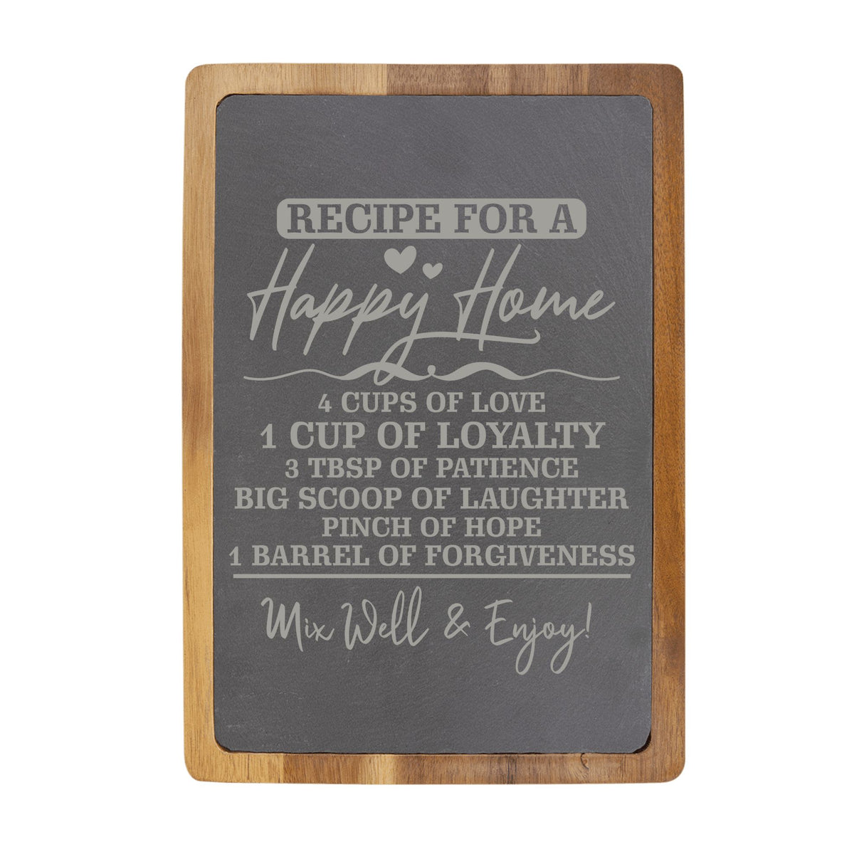 "Recipe for a Happy Home" Acacia & Slate Cutting Board - Laser Engraved