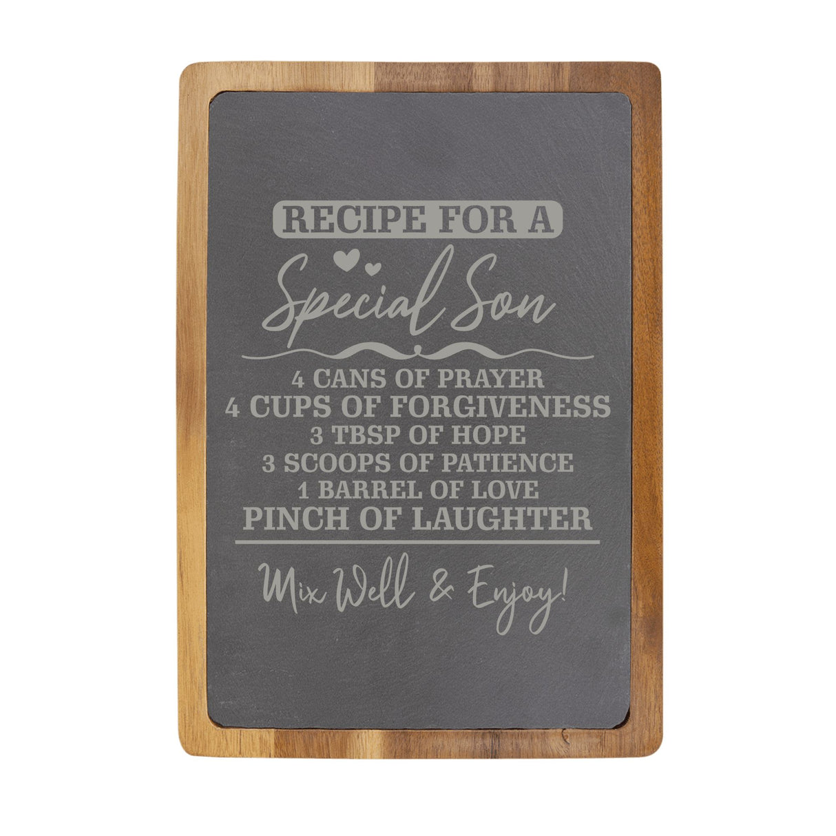 "Recipe for a Special Son" Acacia & Slate Cutting Board - Laser Engraved