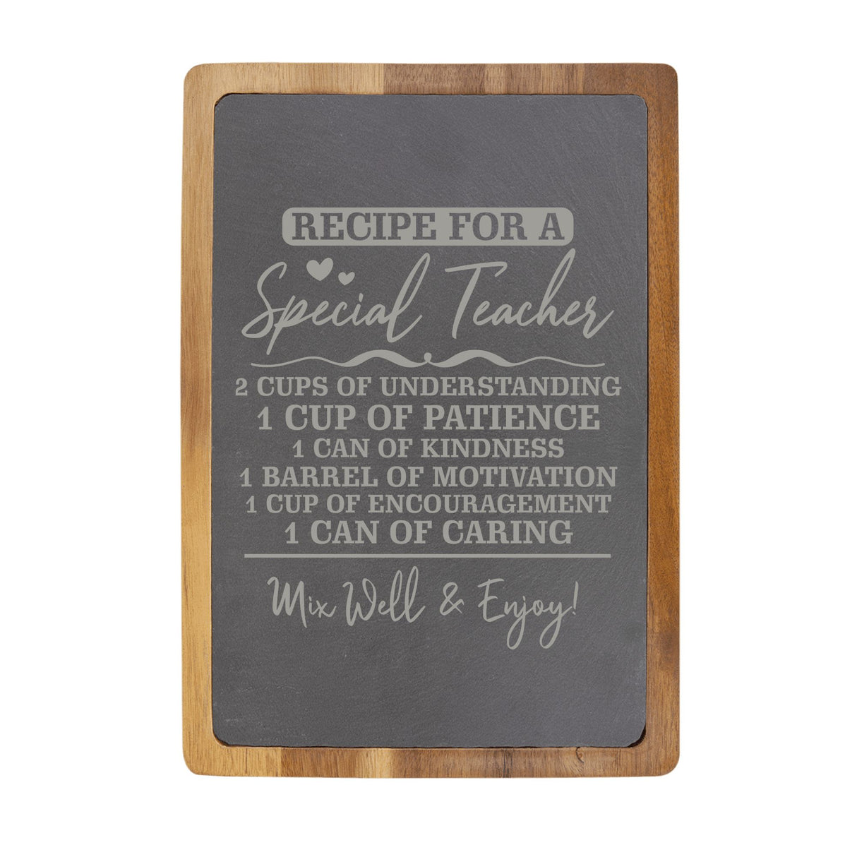 "Recipe for a Special Teacher" Acacia & Slate Cutting Board - Laser Engraved