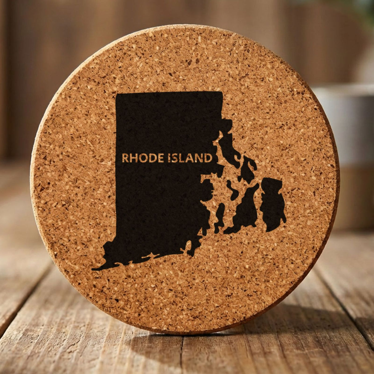 Rhode Island round cork coaster engraved with the state shape and RHODE ISLAND in bold lettering