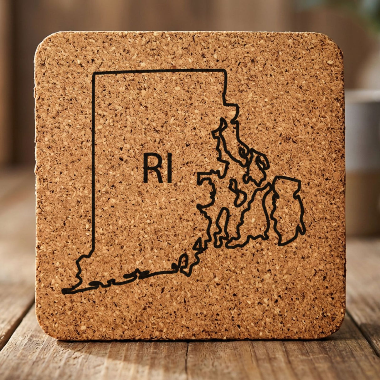 Rhode Island square cork coaster engraved with the state outline and RI initials