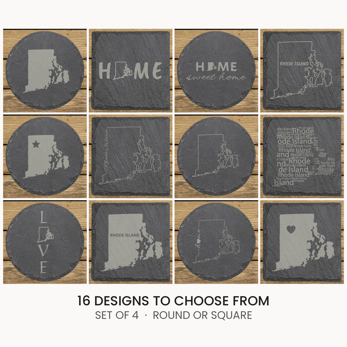 Rhode Island slate coaster set, laser engraved natural stone