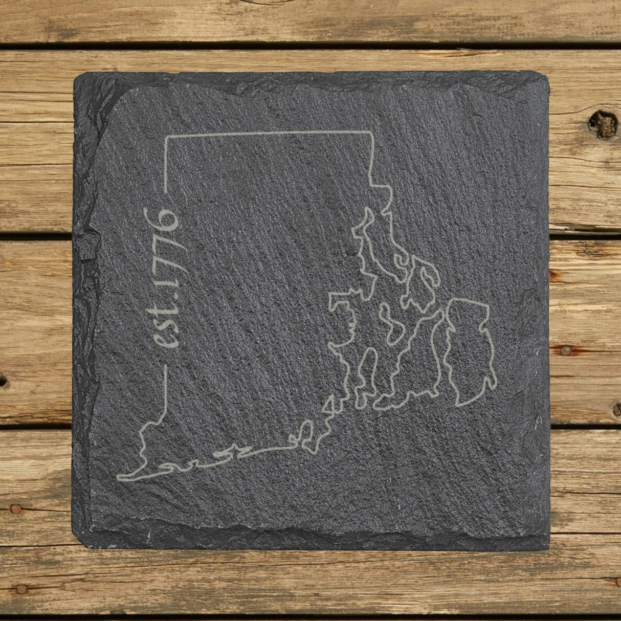 Rhode Island square slate coaster engraved with the state outline and est. 1776