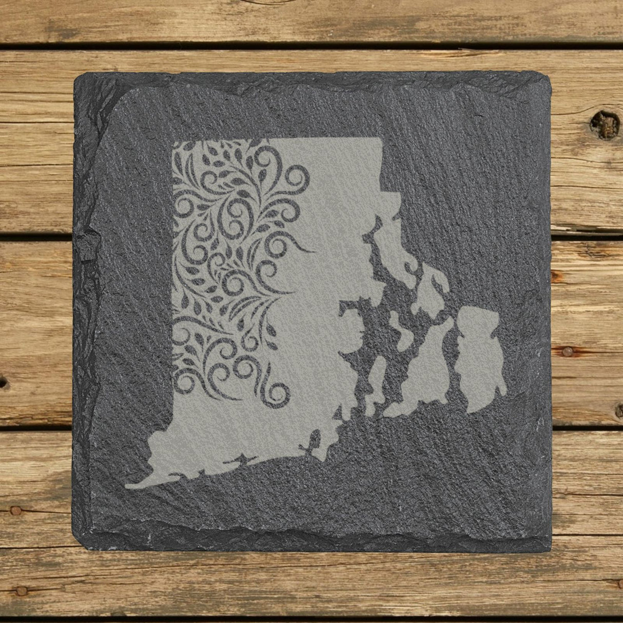 Rhode Island square slate coaster engraved with the state shape in ornate floral scrollwork