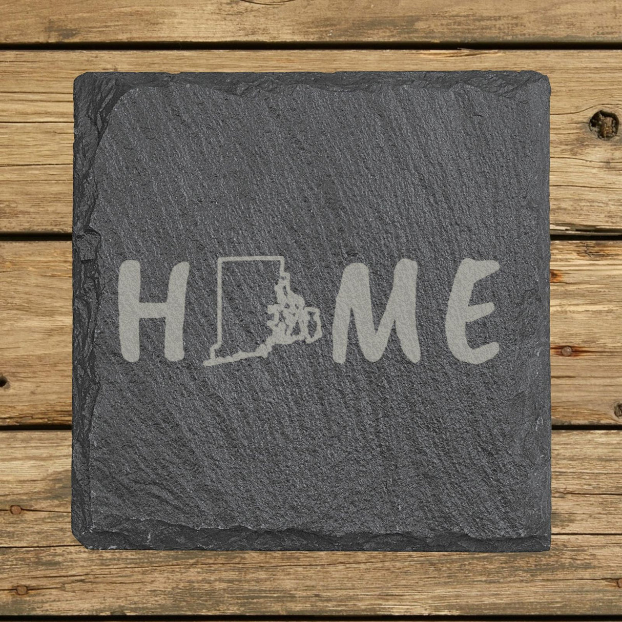 Rhode Island square slate coaster engraved with HOME using the state outline as the letter O