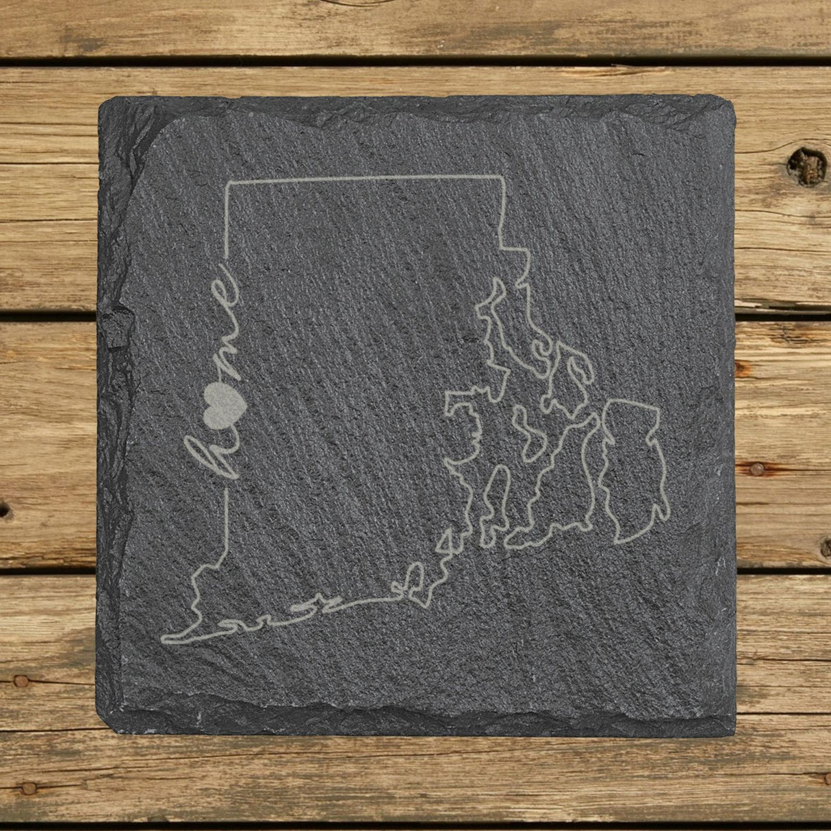 Rhode Island square slate coaster engraved with the state outline and home in script with a heart
