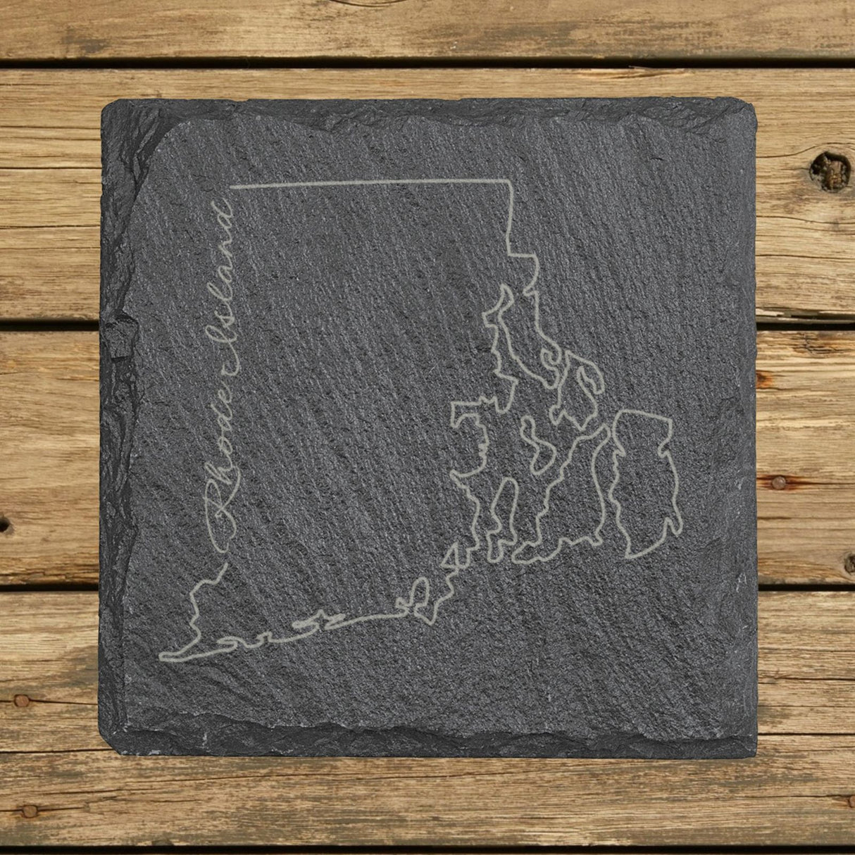 Rhode Island square slate coaster engraved with the state outline and Rhode Island in script lettering