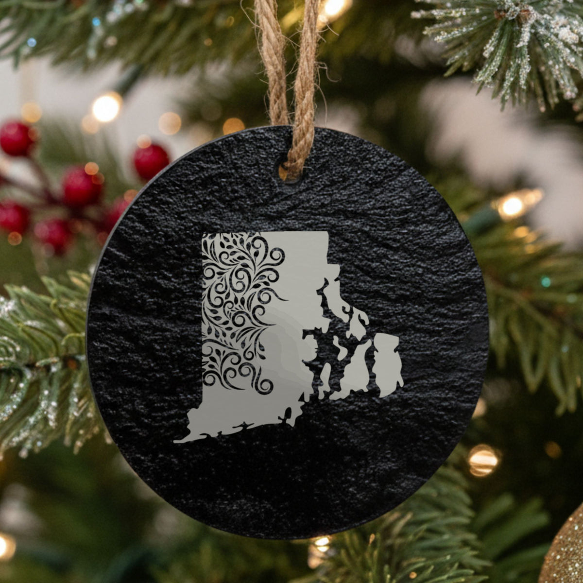 Rhode Island round slate Christmas ornament engraved with the state shape in ornate floral scrollwork