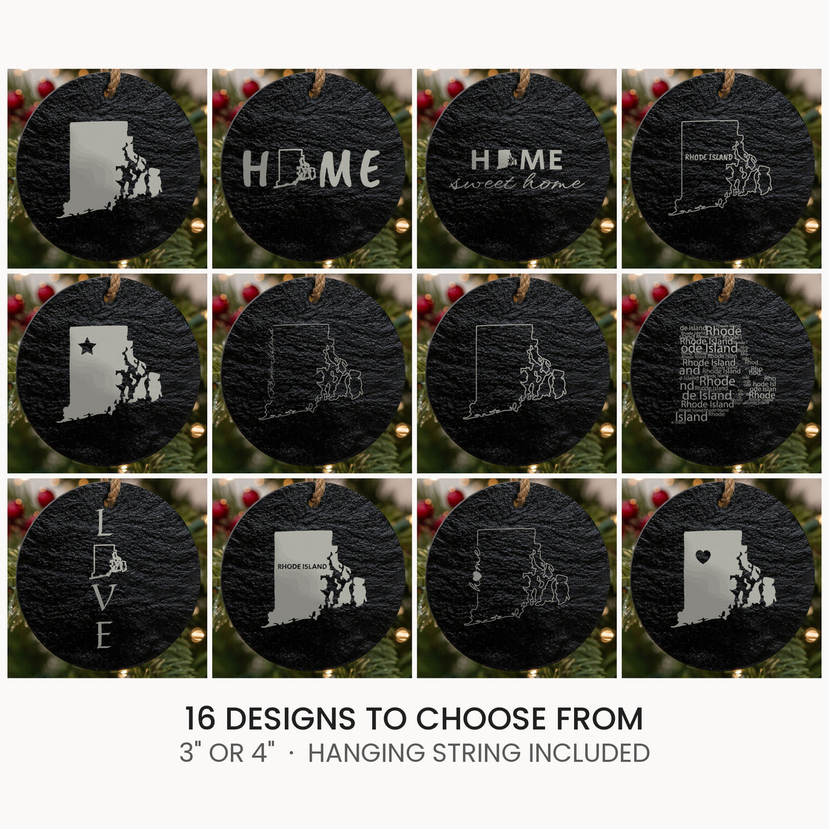 Rhode Island slate Christmas ornament, laser engraved natural stone