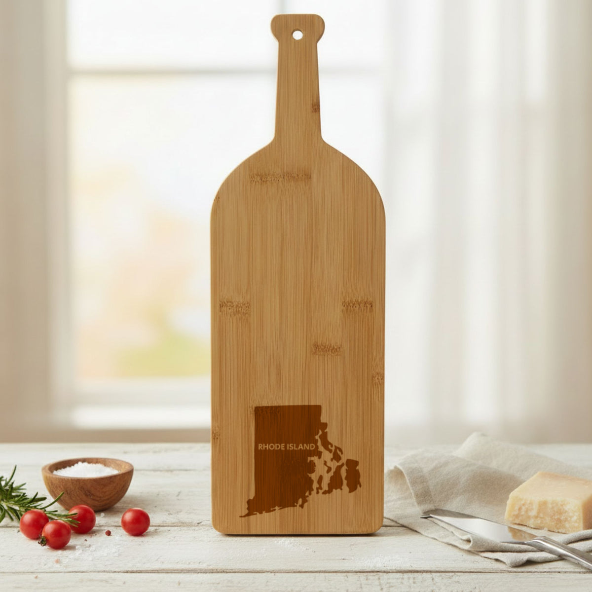 Bamboo wine bottle cutting board engraved with the Rhode Island Bold State Name design