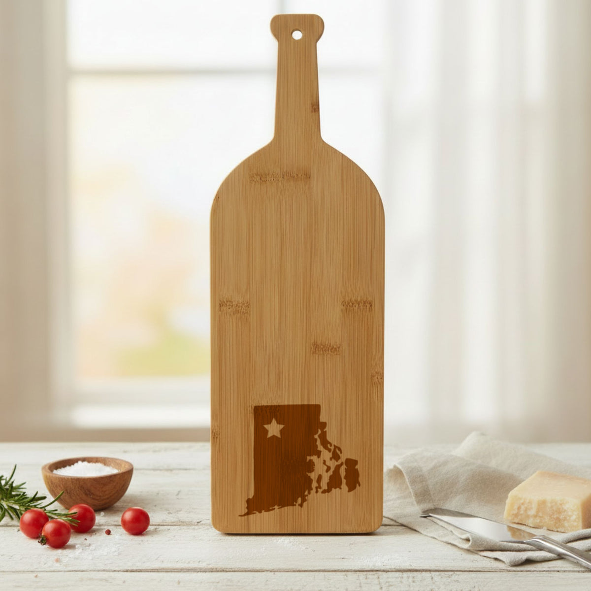 Bamboo wine bottle cutting board engraved with the Rhode Island Star Accent design
