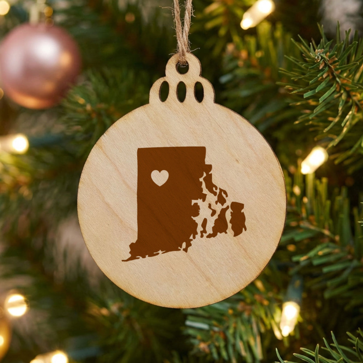 Rhode Island round wood Christmas ornament engraved with the state shape and a heart