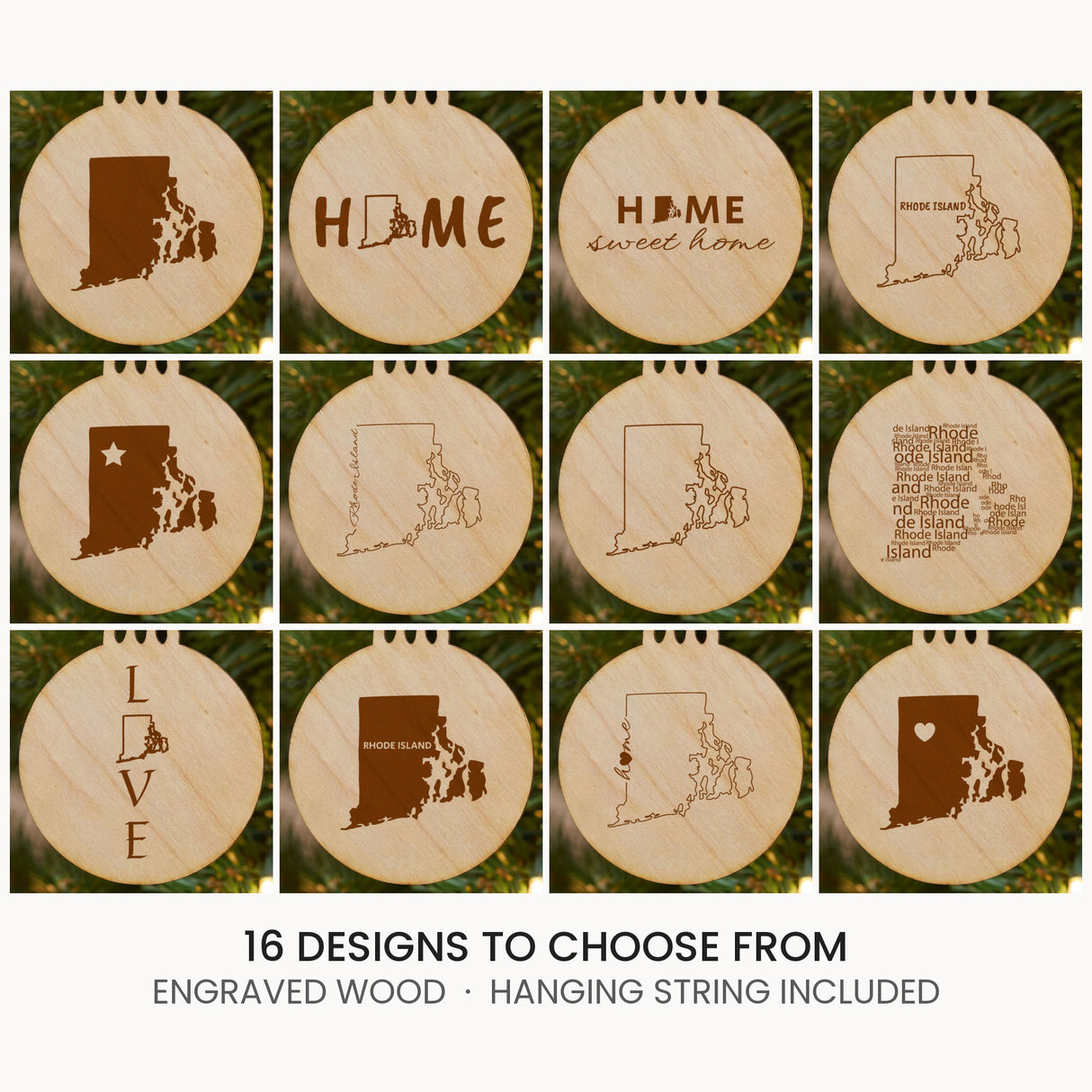 Rhode Island wood Christmas ornament, laser engraved natural wood