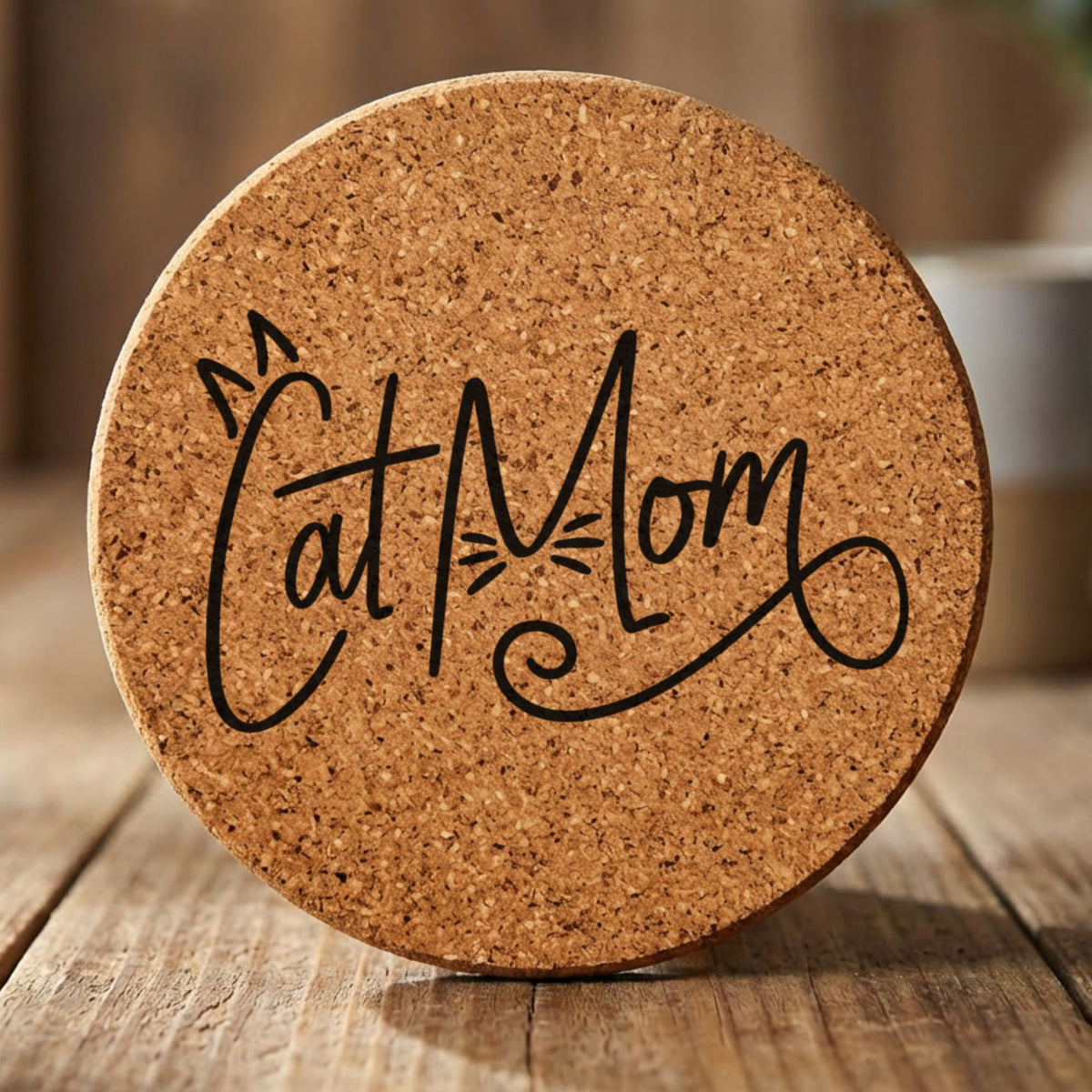 Round cork coaster laser engraved with "Cat Mom", script design