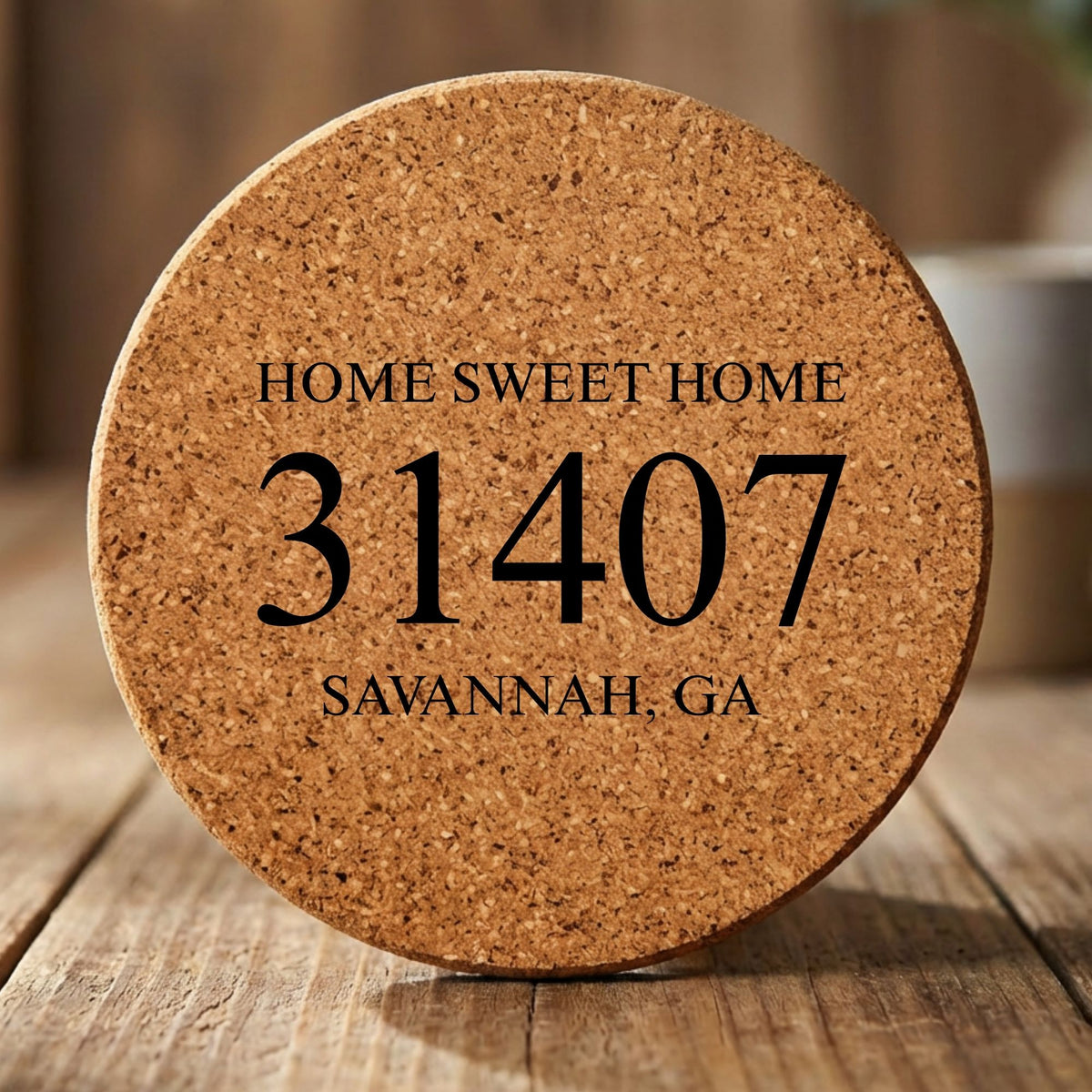 Round cork coaster laser engraved with a custom zip code design