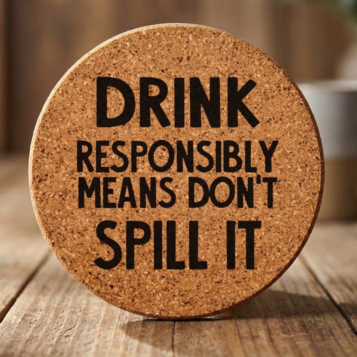 Round cork coaster laser engraved with "Drink Responsibly Means Don't Spill It"