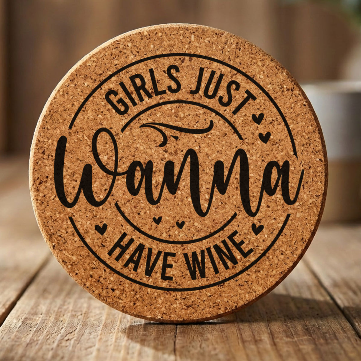Round cork coaster laser engraved with "Girls Just Wanna Have Wine", round design