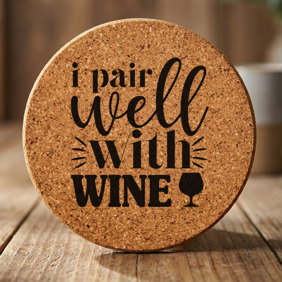 Round cork coaster laser engraved with "I Pair Well with Wine"