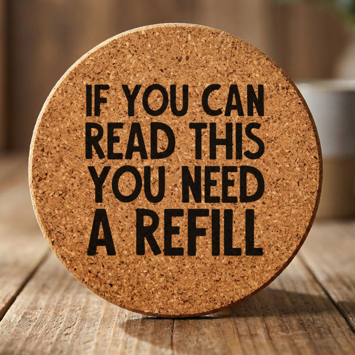 Round cork coaster laser engraved with "If You Can Read This You Need a Refill"