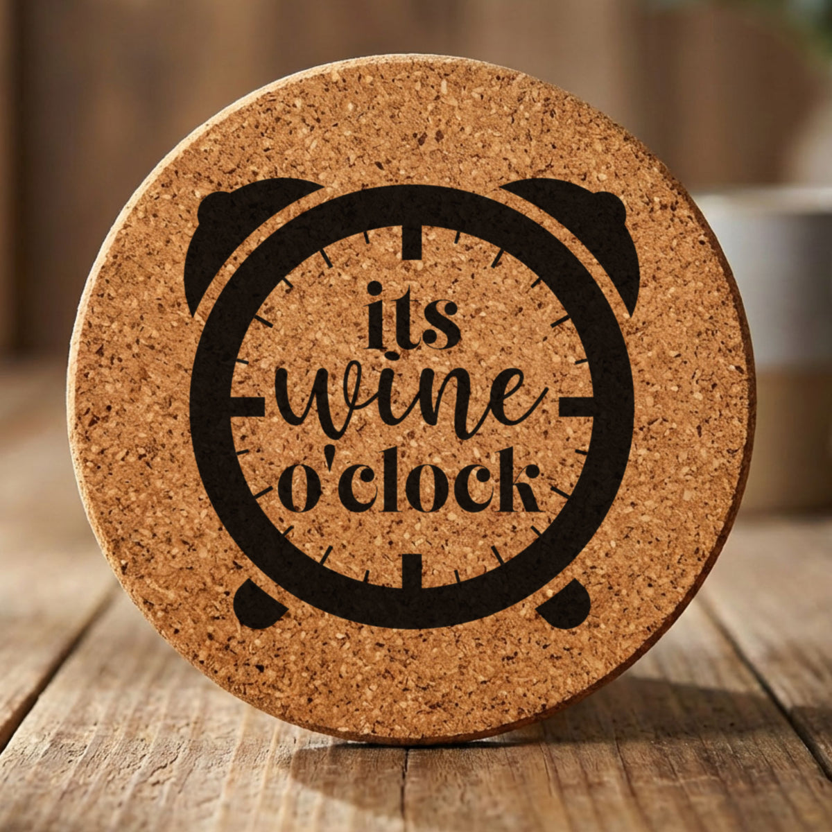 Round cork coaster laser engraved with "It's Wine O'Clock"