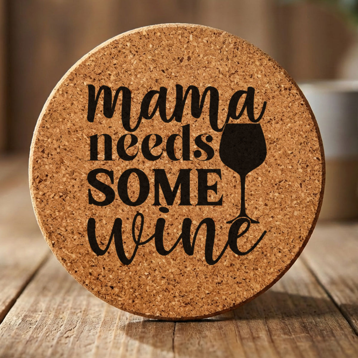 Round cork coaster laser engraved with "Mama Needs Some Wine"