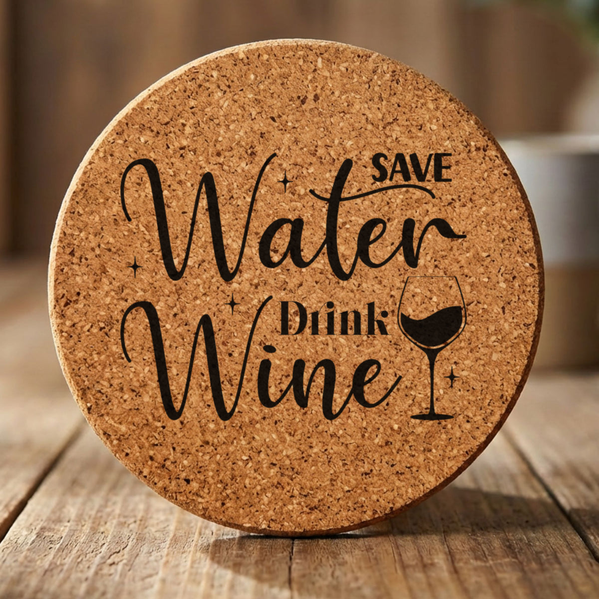 Round cork coaster laser engraved with "Save Water, Drink Wine", script design