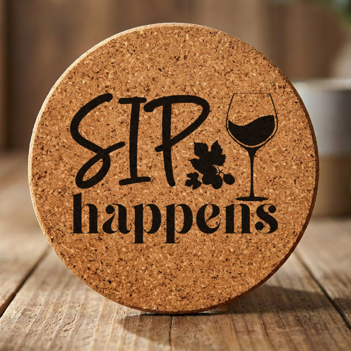 Round cork coaster laser engraved with "Sip Happens"