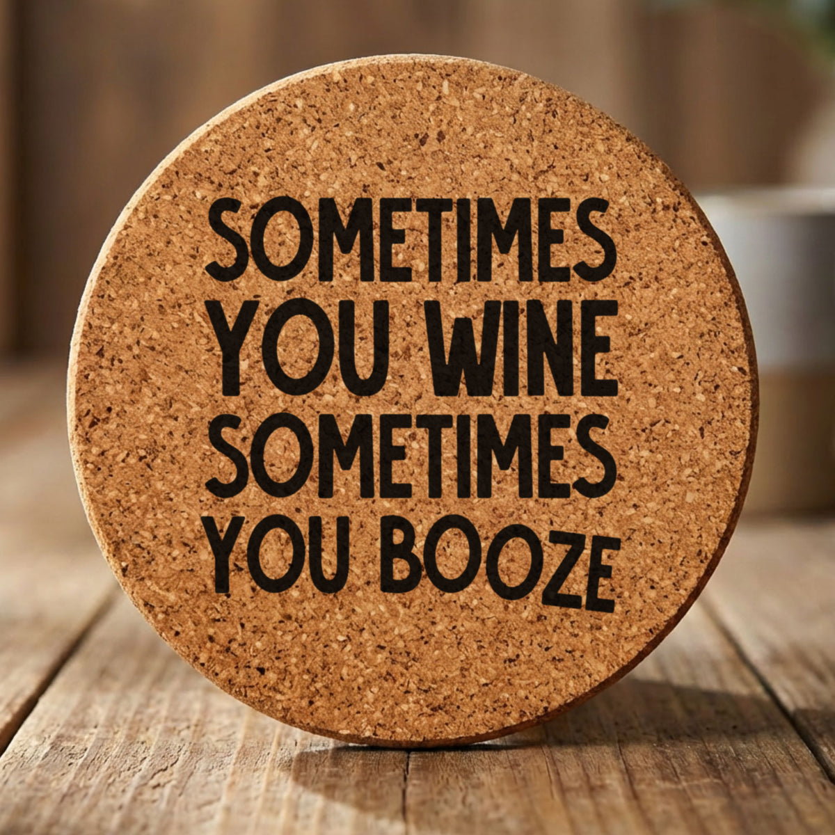 Round cork coaster laser engraved with "Sometimes You Wine, Sometimes You Booze"
