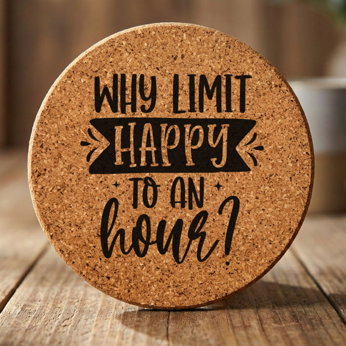 Round cork coaster laser engraved with "Why Limit Happy to an Hour?"