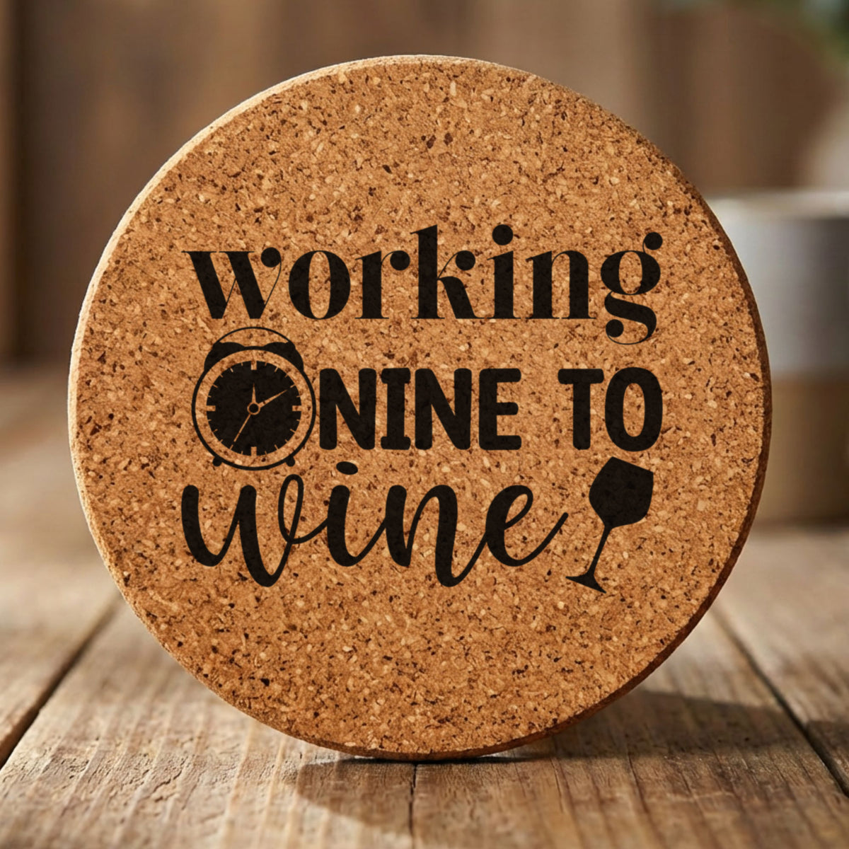 Round cork coaster laser engraved with "Working Nine to Wine"