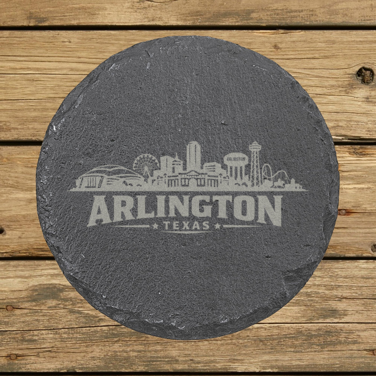 Round slate coaster laser engraved with the Arlington, Texas skyline