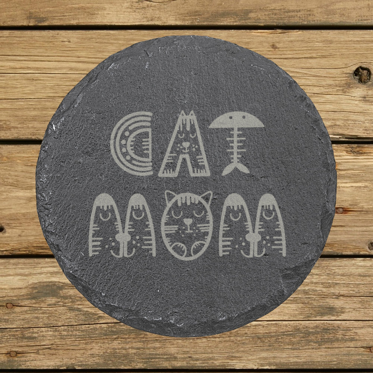 Round slate coaster laser engraved with "Cat Mom", illustrated design
