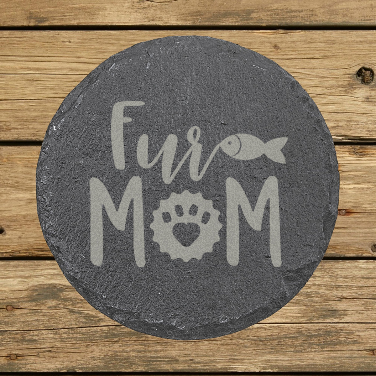 Round slate coaster laser engraved with "Fur Mom", fish design