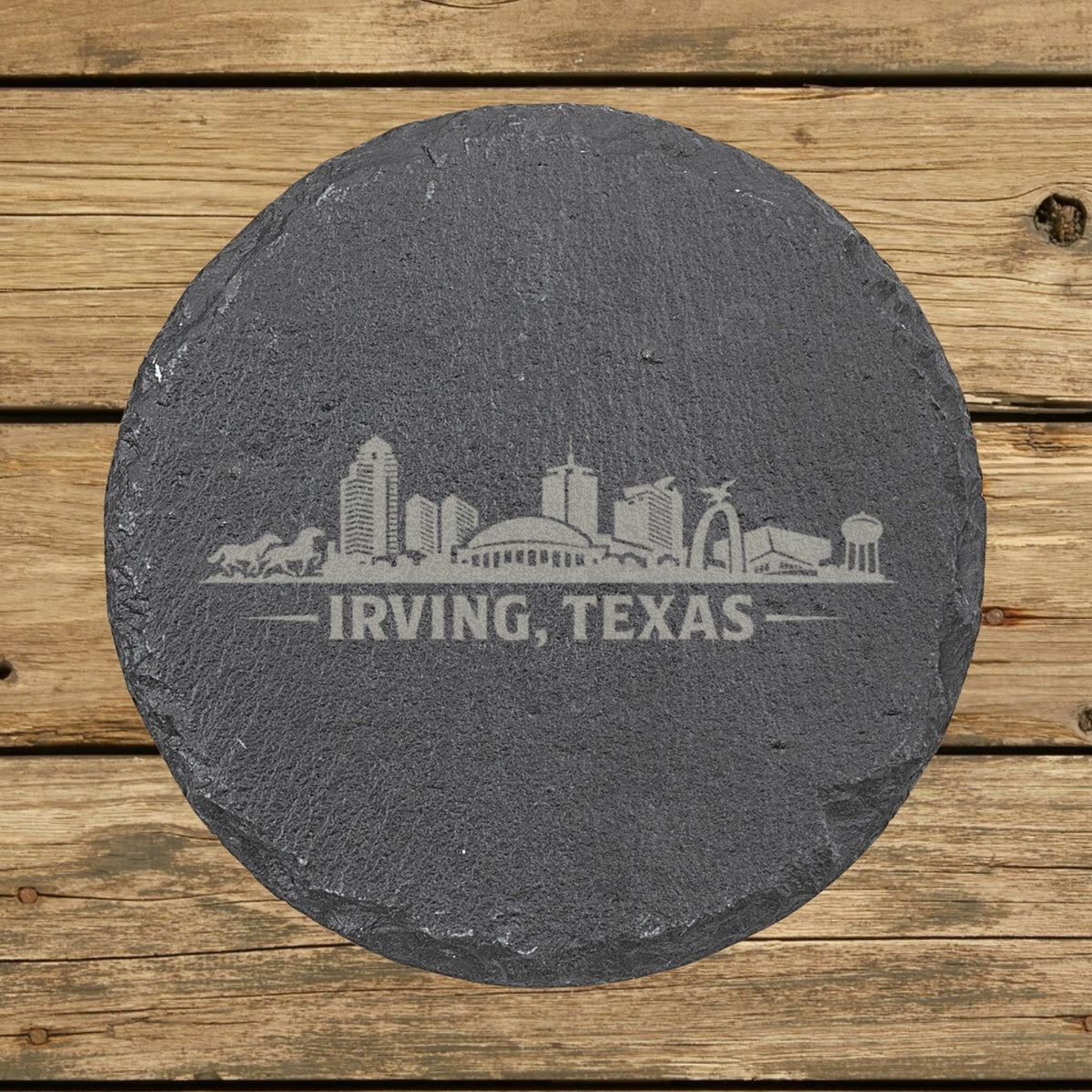 Round slate coaster laser engraved with the Irving, Texas skyline