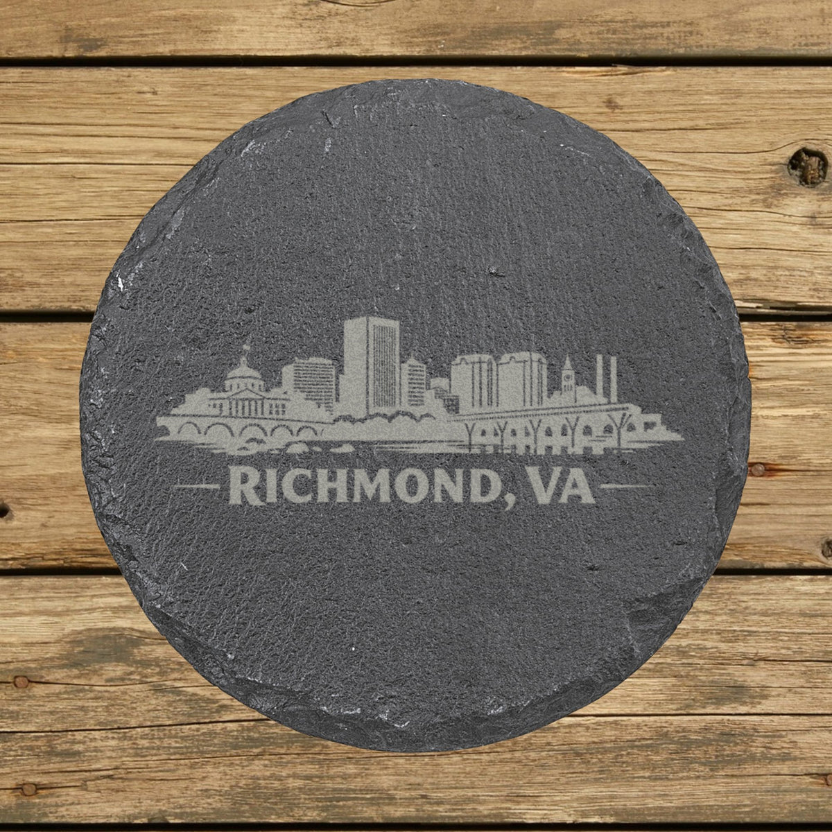 Round slate coaster laser engraved with the Richmond, Virginia skyline