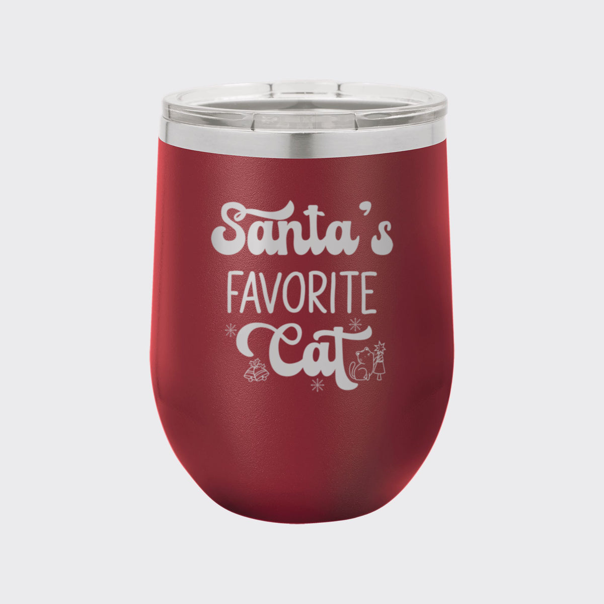 Maroon 12 oz stemless wine tumbler laser engraved with "Santa's Favorite Cat"