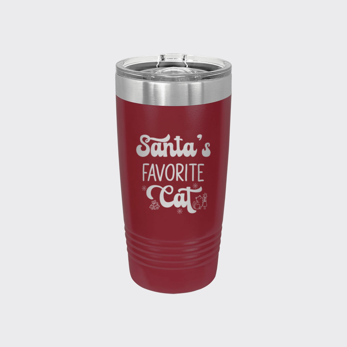 Maroon 20 oz tumbler laser engraved with "Santa's Favorite Cat"