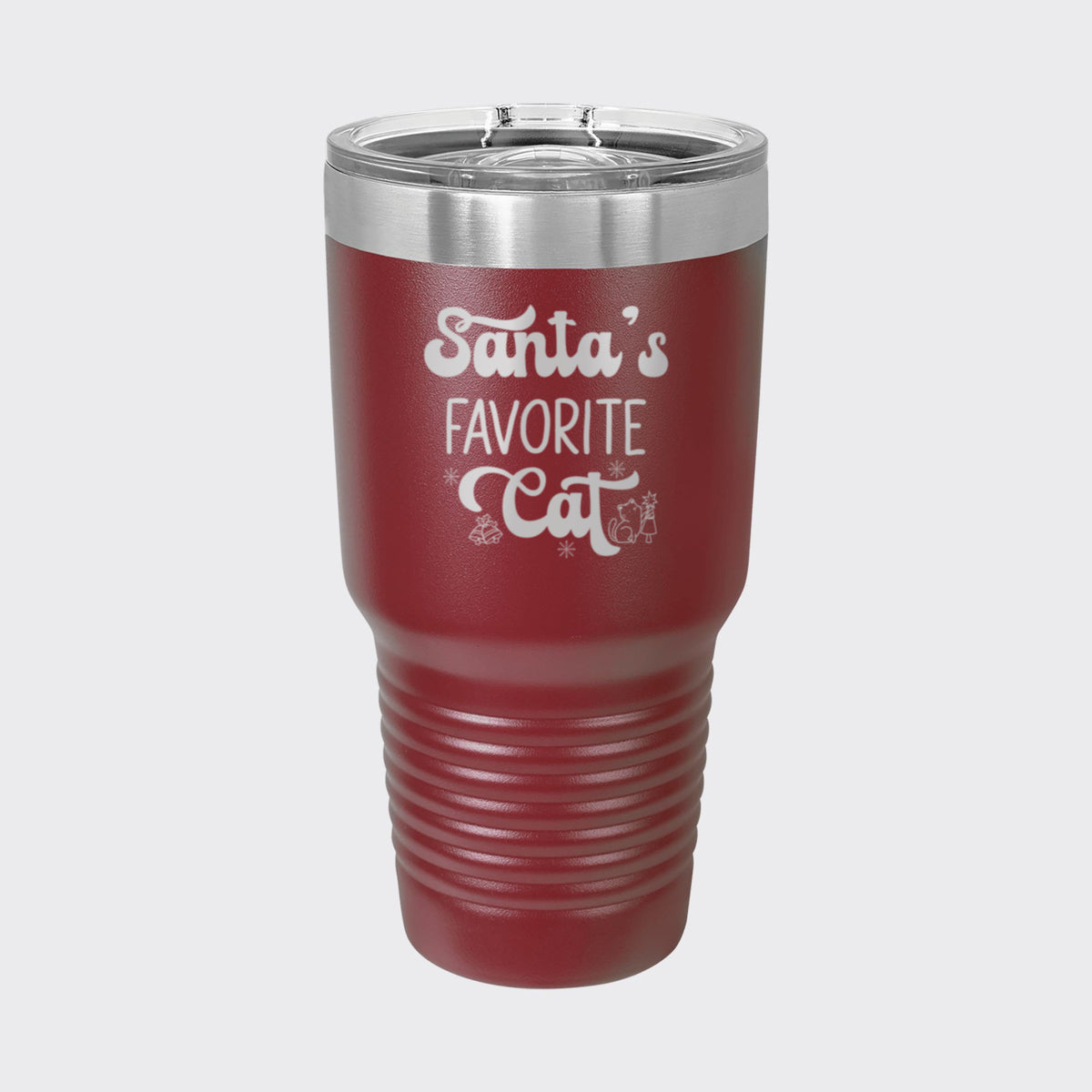 Maroon 30 oz tumbler laser engraved with "Santa's Favorite Cat"