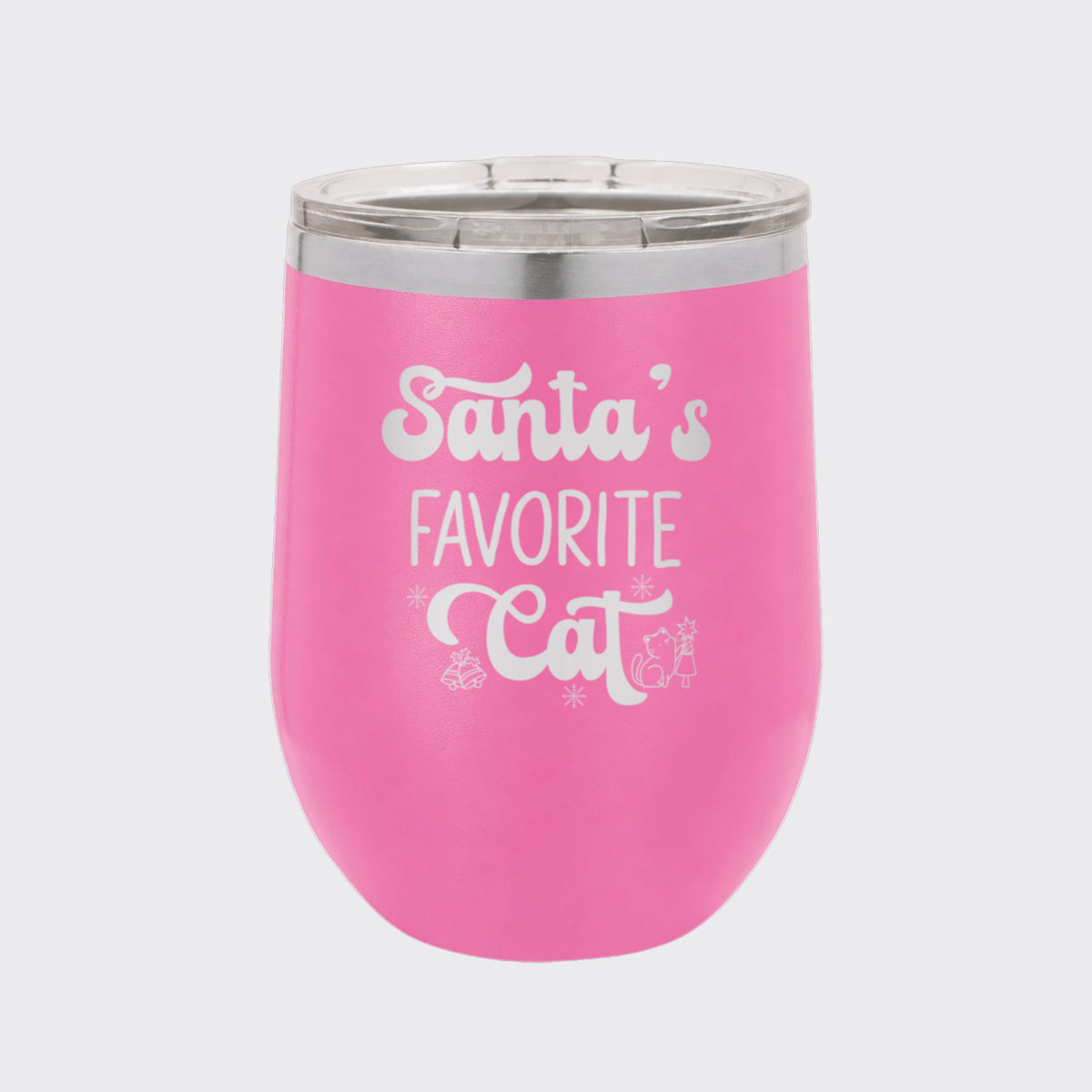 Pink 12 oz stemless wine tumbler laser engraved with "Santa's Favorite Cat"