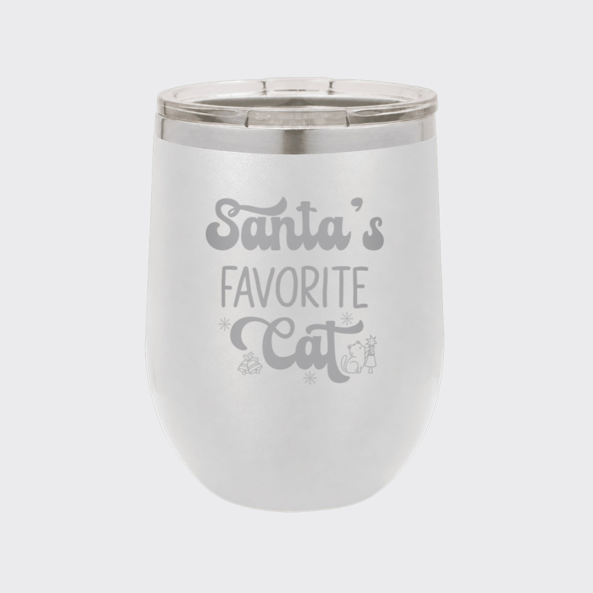 White 12 oz stemless wine tumbler laser engraved with "Santa's Favorite Cat"