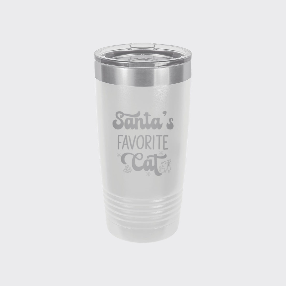 White 20 oz tumbler laser engraved with "Santa's Favorite Cat"
