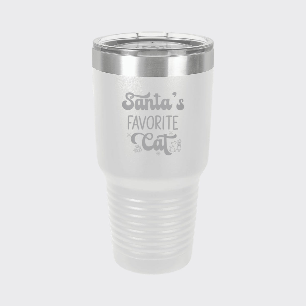 White 30 oz tumbler laser engraved with "Santa's Favorite Cat"