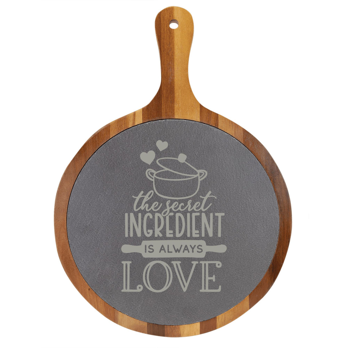"The Secret Ingredient is Always Love" Round Acacia Wood/Slate Cutting Board - Laser Engraved